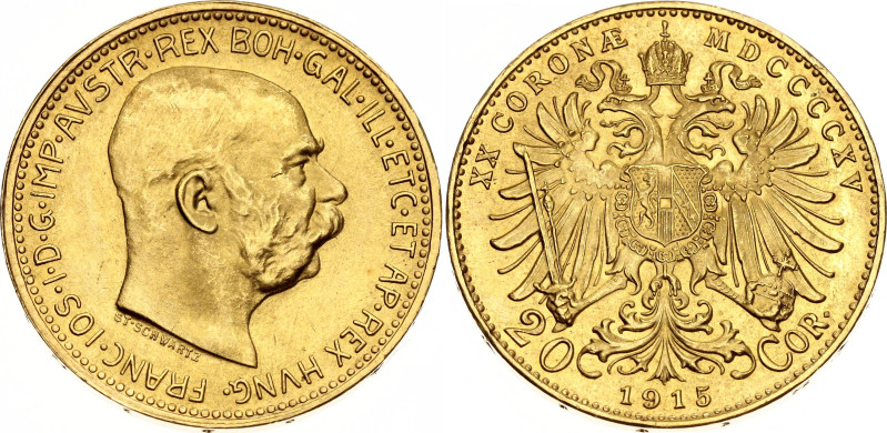 Austria 20 Corona 1915 Restrike

KM# 2818, N# 28374; Gold (.900) 6.77 g., 21 m...