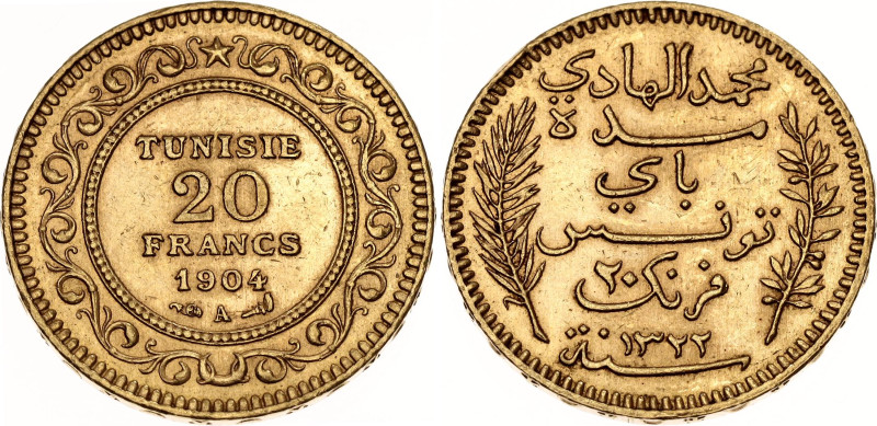 Tunisia 20 Francs 1904 AH 1322 A

KM# 234, N# 11221; Gold (.900) 6.45 g., 21 m...