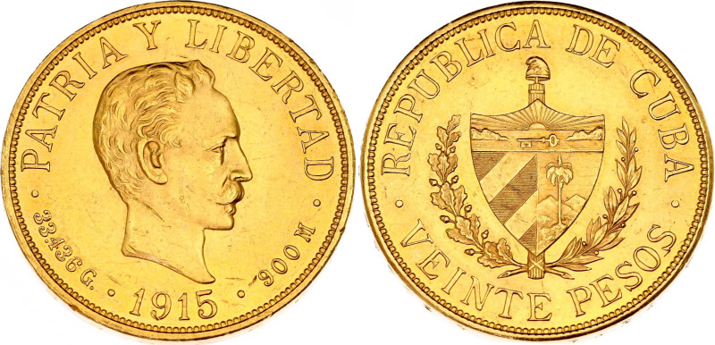 Cuba 20 Pesos 1915

KM# 21, N# 34215; Gold (.900), 33.44 g.; Jose Marti; UNC-