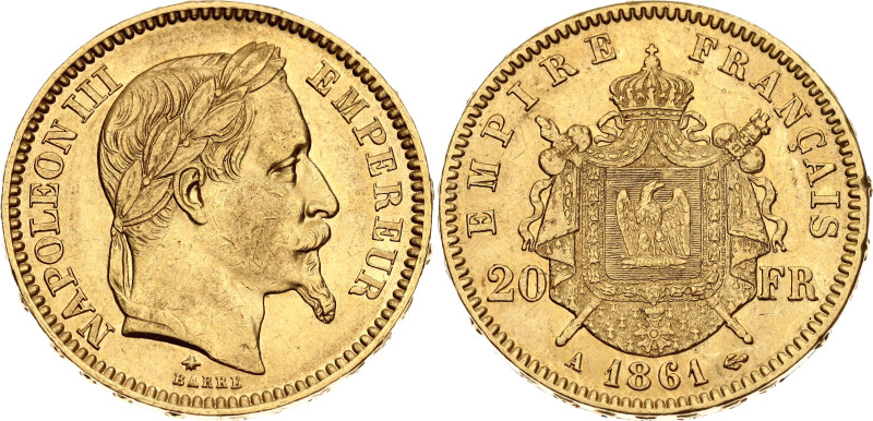 France 20 Francs 1861 A

KM# 801.1, F# 532, N# 6718; Gold (.900) 6.45g. ; Napo...