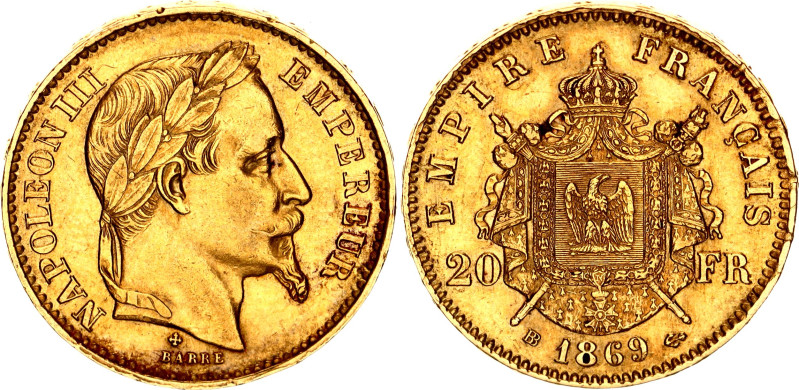 France 20 Francs 1869 BB

KM# 801.2, N# 6718; Gold (.900) 6.45 g.; Napoleon II...