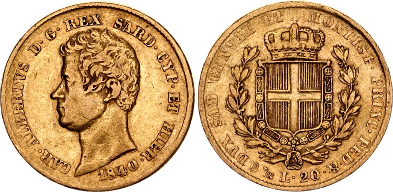 Italian States Sardinia 20 Lire 1840 P

KM# 131, Fr# 1143, N# 30588; Gold (.90...