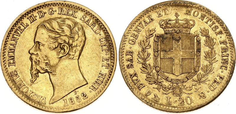 Italian States Sardinia 20 Lire 1852 P

KM# 146.2, N# 3660; Gold (.900) 6.45 g...