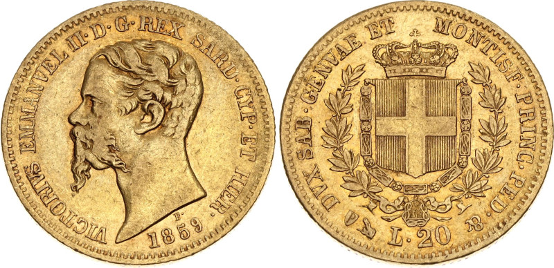 Italian States Sardinia 20 Lire 1859 P

KM# 146.2, N# 3660; Gold (.900) 6.45 g...