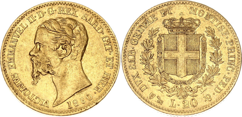 Italian States Sardinia 20 Lire 1860 P

KM# 146.2, N# 3660; Gold (.900) 6.45 g...