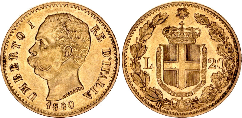 Italy 20 Lire 1880 R

KM# 21, N# 19764; Gold (.900) 6.45 g.; Umberto I; AUNC w...