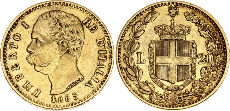Italy 20 Lire 1885 R

KM# 21, N# 19764; Gold (.900) 6.45 g., 21 mm.; Umberto I...