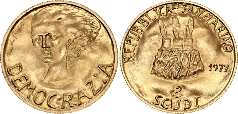 San Marino 2 Scudi 1977

KM# 74, N# 61577; Gold (.917) 6 g. 21 mm.; Democracy;...