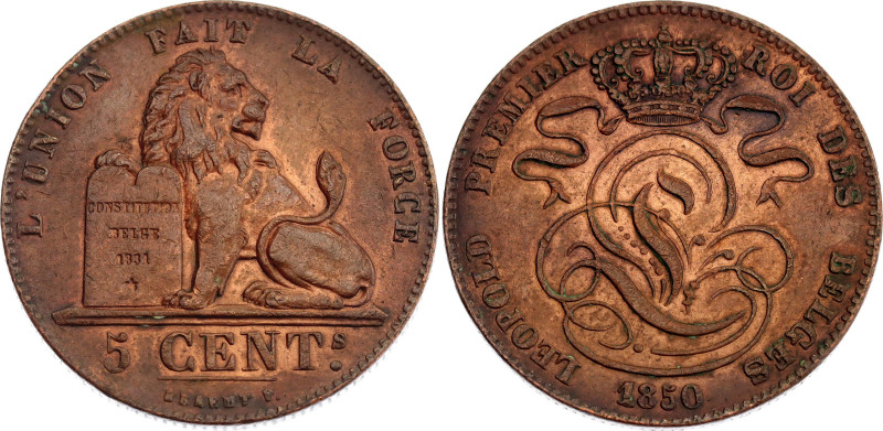 Belgium 5 Centimes 1850

KM# 5.1, N# 268; Copper; Leopold I; XF+