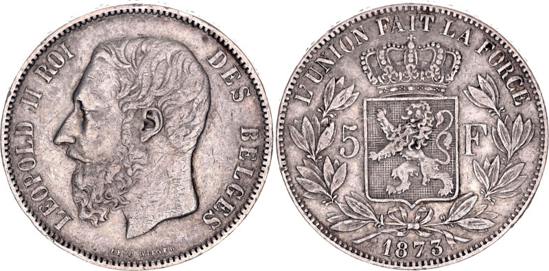 Belgium 5 Francs 1873

KM# 24, N# 276; Silver; Leopold II; XF