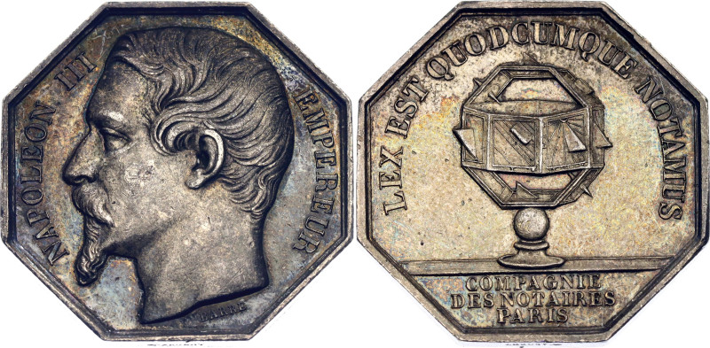 France Silver Octagonal Jeton "Napoleon III - Company of Notaries of Paris" 1852...