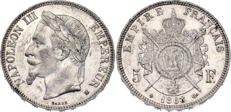 France 5 Francs 1868 BB

KM# 799.2, F# 331/13 , N# 1184; Silver; Napoleon III;...