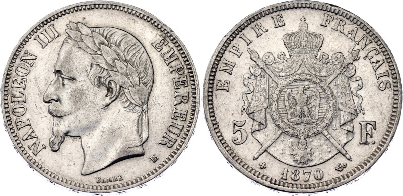 France 5 Francs 1870 BB

KM# 799.2, N# 1184; Silver; Napoleon III; Strasbourg ...
