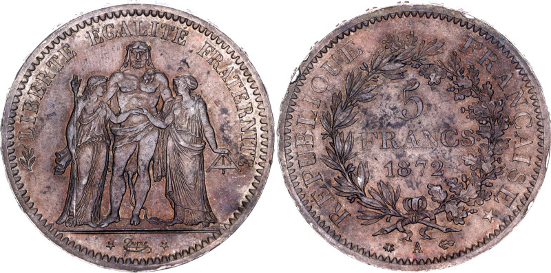 France 5 Francs 1872 A

KM# 820.1, N# 1187; Silver; Hercules; UNC with nice to...