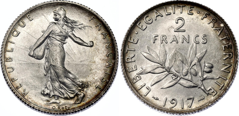 France 2 Francs 1917

KM# 845.1, N# 680; Silver; Paris Mint; UNC with full min...
