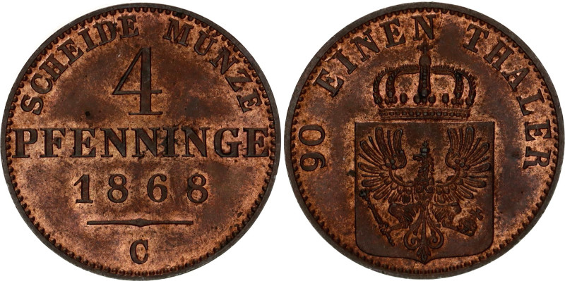 German States Prussia 4 Pfennig 1868 C

KM# 483, N# 15897; Copper; Wilhelm I; ...