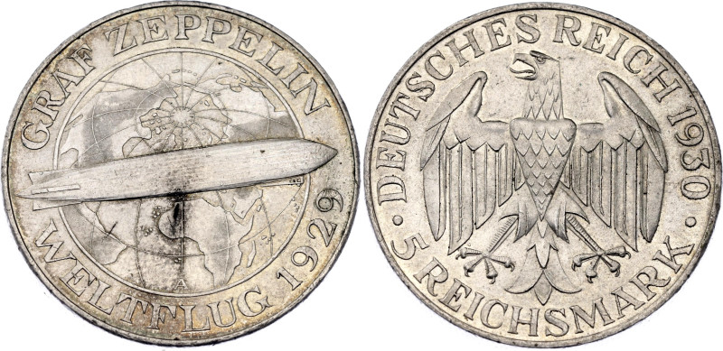 Germany - Weimar Republic 5 Reichsmark 1930 A

KM# 68, N# 29892; Silver; Fligh...