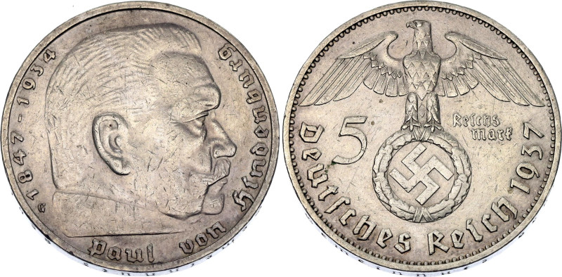 Germany - Third Reich 5 Reichsmark 1937 G

KM# 94, N# 5218; Silver; Paul von H...