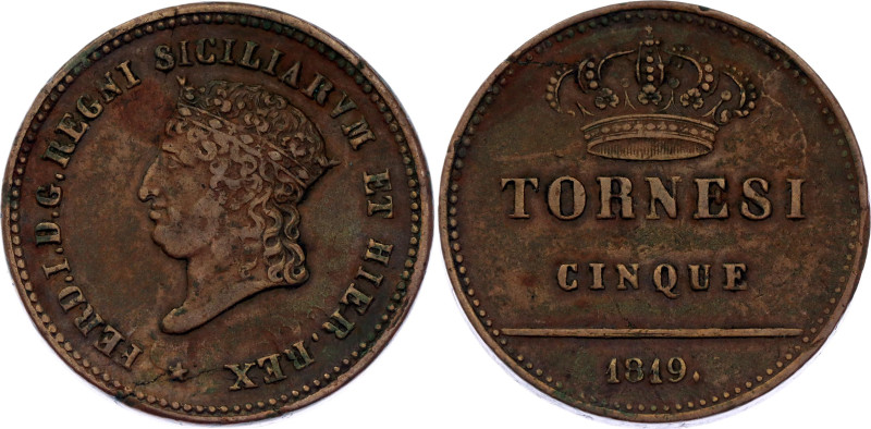 Italian States Naples 5 Tornesi 1819

KM# 289, N# 26250; Copper; Ferdinando I;...