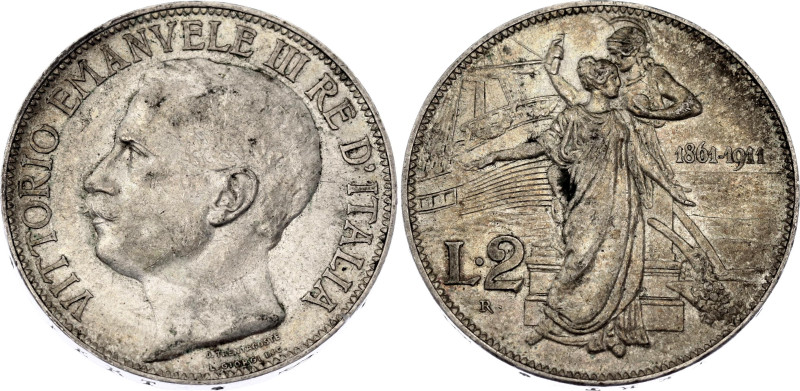 Italy 2 Lire 1911 R

KM# 52, N# 31833; Silver; Vittorio Emanuele III; 50th Ann...