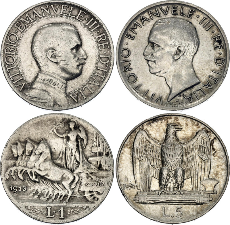 Italy 1 - 5 Lire 1913 - 1930 R

KM# 45, 67; Silver; Vittorio Emanuele III; XF/...