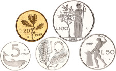 Italy 5 - 10 - 20 - 50 - 100 Lire 1989 Proof