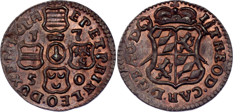 Liege 1 Liard 1750

KM# 155, Dgs# 1180, N# 5432; Copper; Jean-Théodore of Bava...