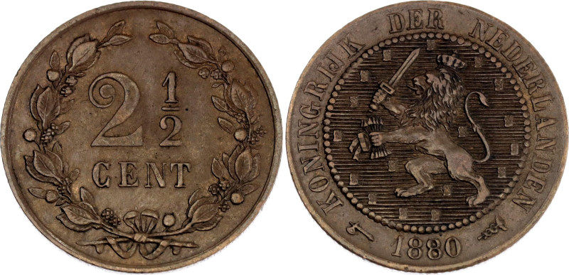 Netherlands 2-1/2 Cents 1880

KM# 108, N# 4414; Bronze; Willem III; XF+