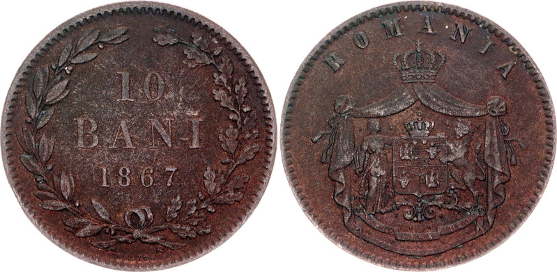 Romania 10 Bani 1867 HEATON

KM# 4.1, N# 3344; Copper; Carol I; VF+/XF-