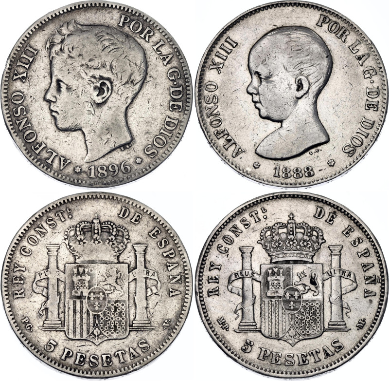 Spain 2 x 5 Pesetas 1888 - 1896

KM# 689, 707; Silver; Alfonso XIII; VF+/XF