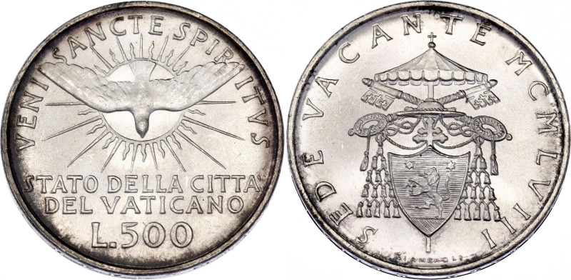 Vatican 500 Lire 1958

KM# 57, N# 12216; Silver; Sede Vacante; Mintage 100000 ...