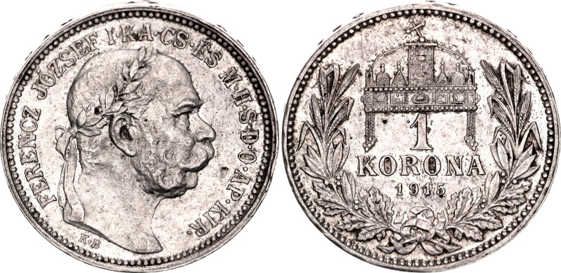 Hungary 1 Korona 1915 KB

KM# 492, ÉH# 1495, N# 12865; Silver; Franz Joseph I;...