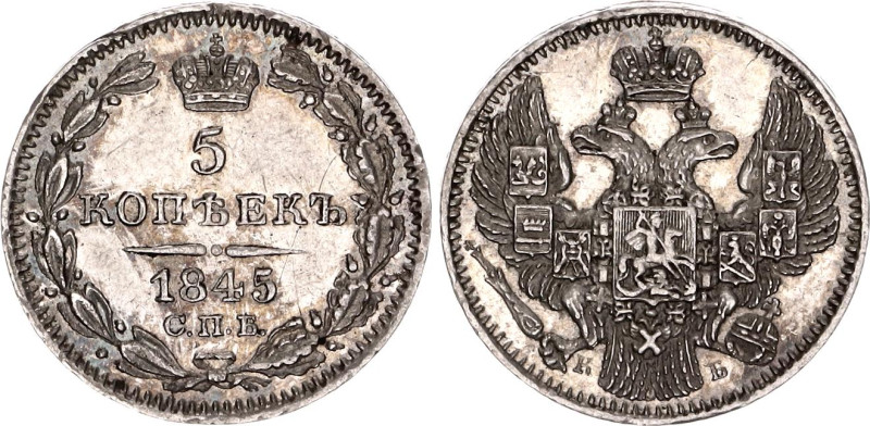 Russia 5 Kopeks 1845 СПБ КБ

Bit# 398; Type of eagle image 1832-1844; Silver 1...