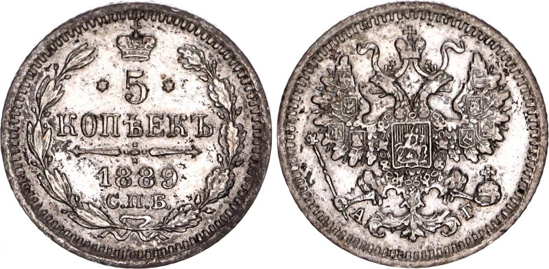 Russia 5 Kopeks 1889 СПБ АГ

Bit# 149; Silver 0.87 g.; XF+/AUNC