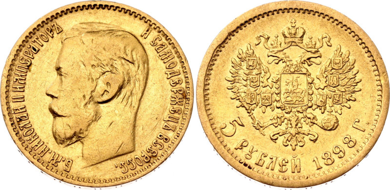 Russia 5 Roubles 1898 АГ

Bit# 20; Gold (.900) 4.24 g.; XF+