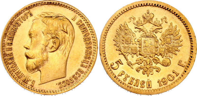 Russia 5 Roubles 1901 AP

Bit# 28, Conros# 20/11; Gold (.900) 4.29 g.; AUNC/UN...