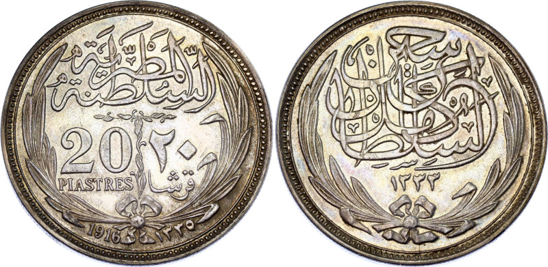 Egypt 20 Piastres 1916 AH 1335

KM# 321, N# 15235; Silver; Hussein Kamel; Brit...