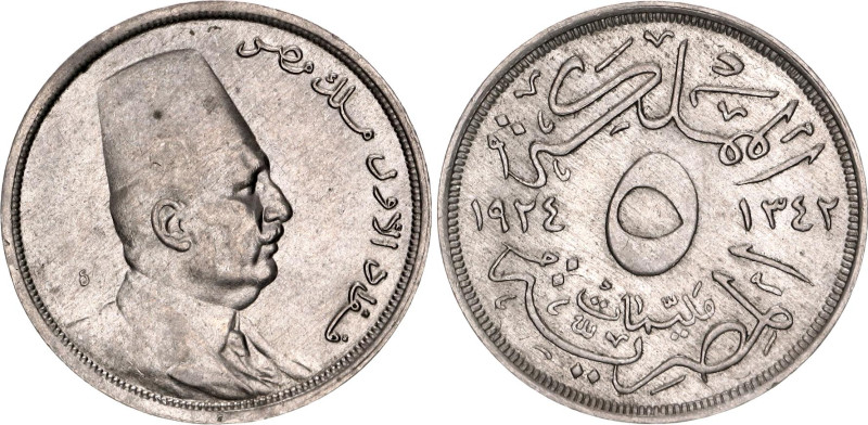 Egypt 5 Milliemes 1924 AH 1342

KM# 333, N# 13106; Copper-Nickel; Ahmed Fuad I...