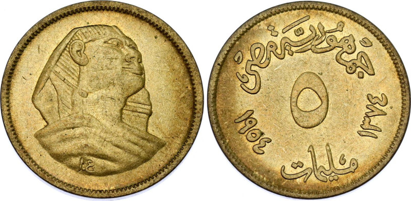 Egypt 5 Milliemes 1954 AH 1374

KM# 378, N# 19439; Aluminium-Bronze; "Small Sp...