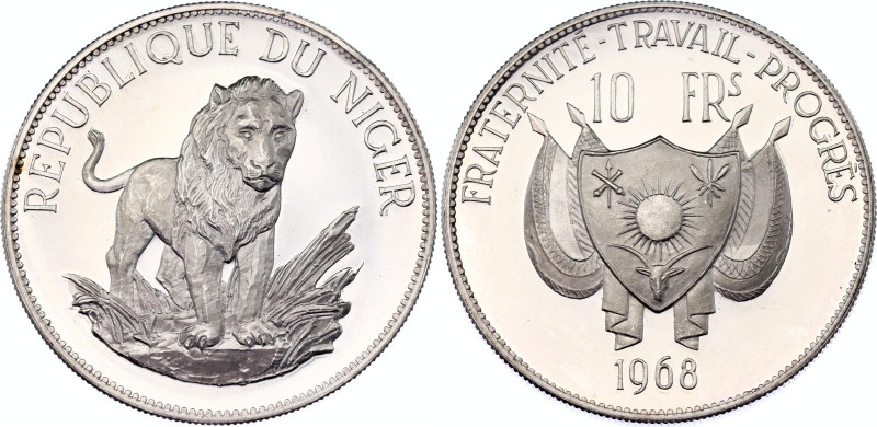 Niger 10 Francs 1968

KM# 8.1, N# 21990; Silver., Proof; Lion; Mintage: 1000 p...