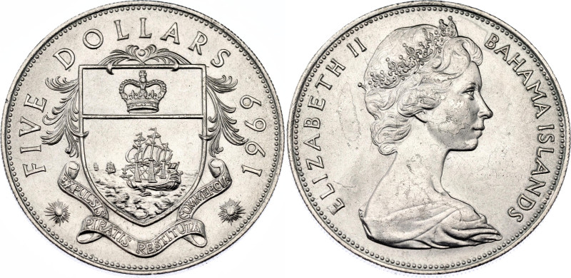 Bahamas 5 Dollars 1969

KM# 10, N# 14932; Silver; Elizabeth II; Mintage 36000 ...