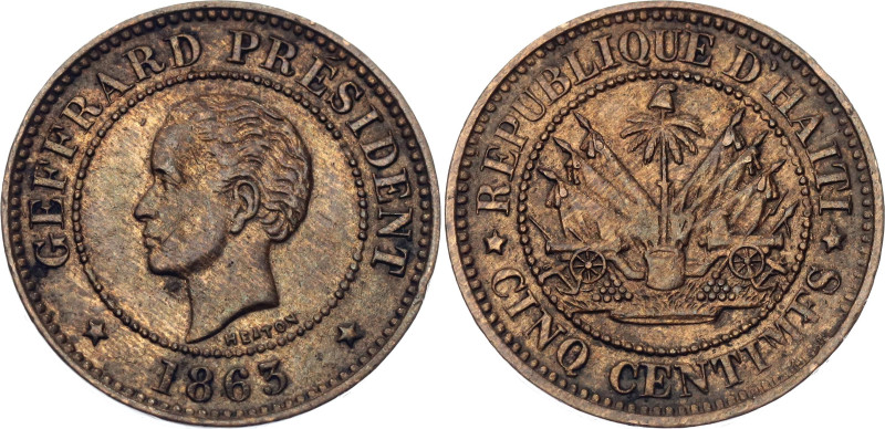 Haiti 5 Centimes 1863 Heaton

KM# 39, N# 27368; Bronze; Heaton Mint; AUNC