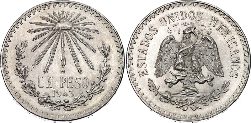 Mexico 1 Peso 1943 M

KM# 455, N# 4382; Silver; UNC Luster