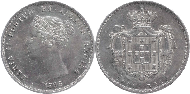 Portugal
D. Maria II (1834-1853)
1000 Réis Lisbon Mint 1838
AG: 40.02 29,63g
Ext...