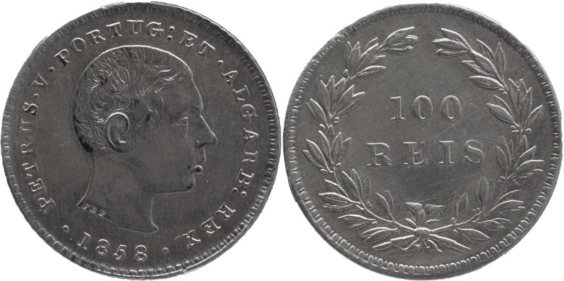 Portugal
D. Pedro V (1853-1861)
100 Réis Lisbon Mint 1858
AG: 03.02 2,47g
Good V...