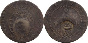 Angola
D. Pedro V (1853-1861)
Carimbo Escudete coroado 1853
Sobre macuta D. João Regente 1814.
AG: 04.01   12,98g
BC-