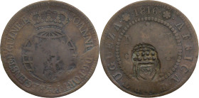 Angola
D. Pedro V (1853-1861)
Carimbo Escudete coroado 1853
Sobre macuta D. João Regente 1816.
AG: 04.04   17,86g. Rara
BC-