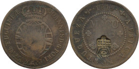 Angola
D. Pedro V (1853-1861)
Carimbo Escudete coroado 1853
Sobre 2 macutas D. João Regente 1815.
AG: 05.01  33,67g
BC+