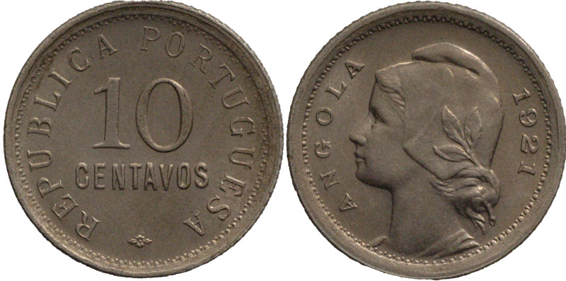 Angola
Republic (1910-)
10 Centavos 1921
AG: 07.01 3,00g
Extremeyl Fine