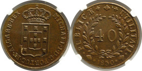 Moedas certificadas
Portugal D. Miguel I 40 Réis Lisboa 1830
NGC MS 62 BN